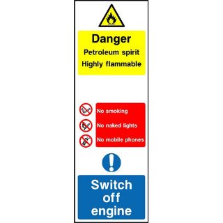Picture of "Danger Petroleum Spirit- Highly Flammable- No Smoking -No Naked Lights- No Mobile Phones- Switch Off Engine" Sign 