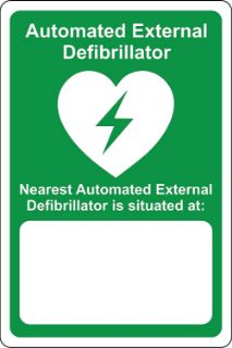 AED  - your nearest automated external defibrillator is situated at emergency, KPCM Health and Safety Signs