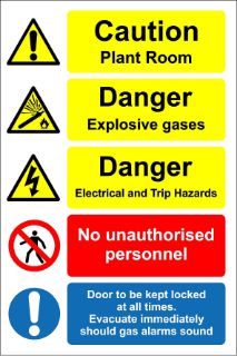 Picture of Caution Plant Room - Danger Explosive Gases Safety Sign With Multi Symbols