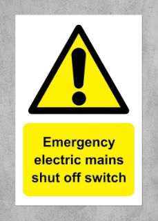 Picture of Emergency electric mains shut off switch safety sign - Self adhesive sticker (200mm x 150mm)