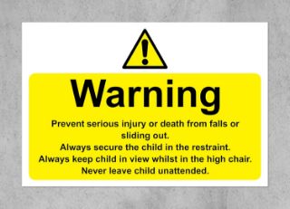 Picture of Warning high chair safety sign - Self adhesive sticker (150mm x 100mm)