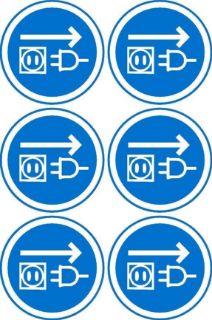 Picture of Unplug Socket Sign, 100mm Circle - Pack of 6 Stickers on A4 Sheet
