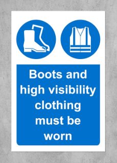 Picture of Boots and high visibility clothing must be worn Construction safety sign - Self adhesive sticker 200mm x 150mm