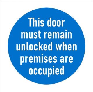 Picture of This door must remain unlocked when premises are occupied, safety sign - Self adhesive sticker (200mm x 200mm)