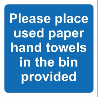 Picture of Hygiene Catering Please Place Used Paper Hand Towels in The bin provided Safety Sign - Self Adhesive Sticker 100mm x 100mm