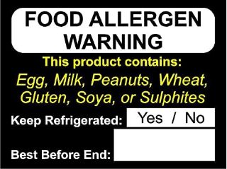 Picture of Food allergy warning this product contains egg, milk, peanuts, wheat, gluten, soya, sulphites safety sign 60mm x 45mm - Self adhesive sticker (160)