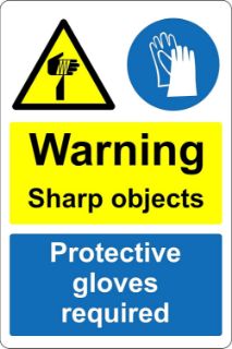 Picture of Warning sharp objects protective gloves required Blade Safety sign - Self adhesive sticker 200mm x 150mm