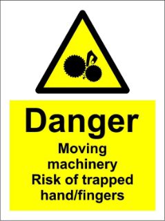 Picture of Warning Danger moving machinery risk of trapped hand fingers safety sign - Self adhesive sticker 150mm x 100mm