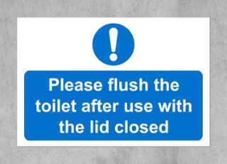 Picture of Please flush the toilet after use with the lid closed safety sign - Self adhesive sticker (150mm x 100mm)