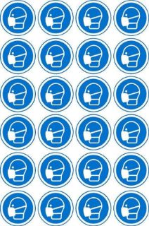 Picture of Wear mask Sign, 50mm Circle - Pack of 24 Stickers on A4 Sheet
