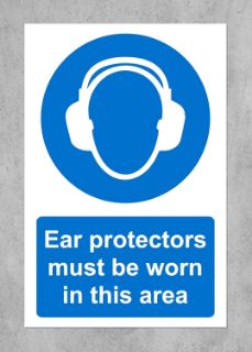 Picture of Ear protectors must be worn in this area safety sign - 1.2mm Rigid plastic 300mm x 200mm