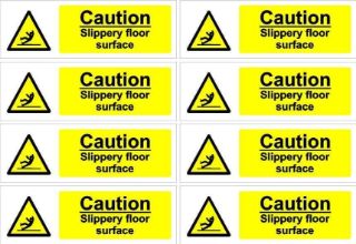 Picture of Caution, slippery floor surface safety sign - 150x50mm pack of 8 stickers on A4 sheet