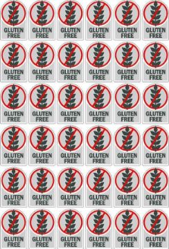 Picture of Gluten free food safety signs cut out stickers 33x50mm pack 36 supplied on an A4 sheet