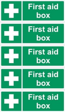 Picture of First aid box sign - 200x66mm, pack of 5 stickers on A4 sheet