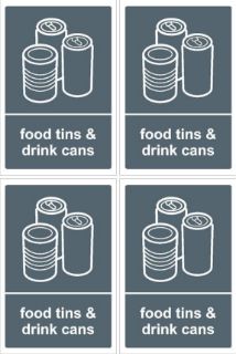 Picture of Food tins & drink cans recycling signs, 100x150mm, pack of 4 recycling stickers on A4 sheet