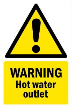 Picture of Warning, hot water outlet, safety sign - Self adhesive sticker (200mm x 150mm)