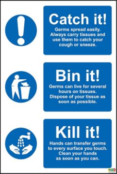 Picture of Germs Spread Easily bin it wash Your Hands Hygiene Safety Sign Sign - Self Adhesive Sticker 300mm x 200mm